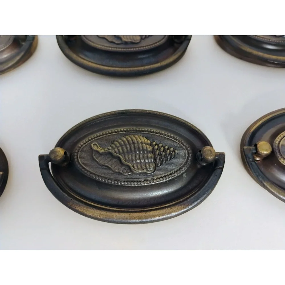 6 Vintage Antique Brass Drawer Pulls Hardware Oval Seashell 3.5